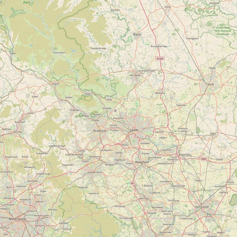 Street map of Leeds, Bradford, Harrogate, Wakefield and York with the area we cover tinted